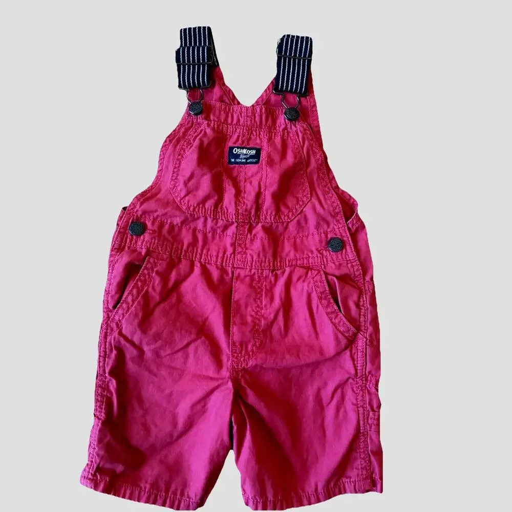VTG OshKosh B’gosh Red Overalls 3T Blue Striped Straps USA Shorts Boys Girls